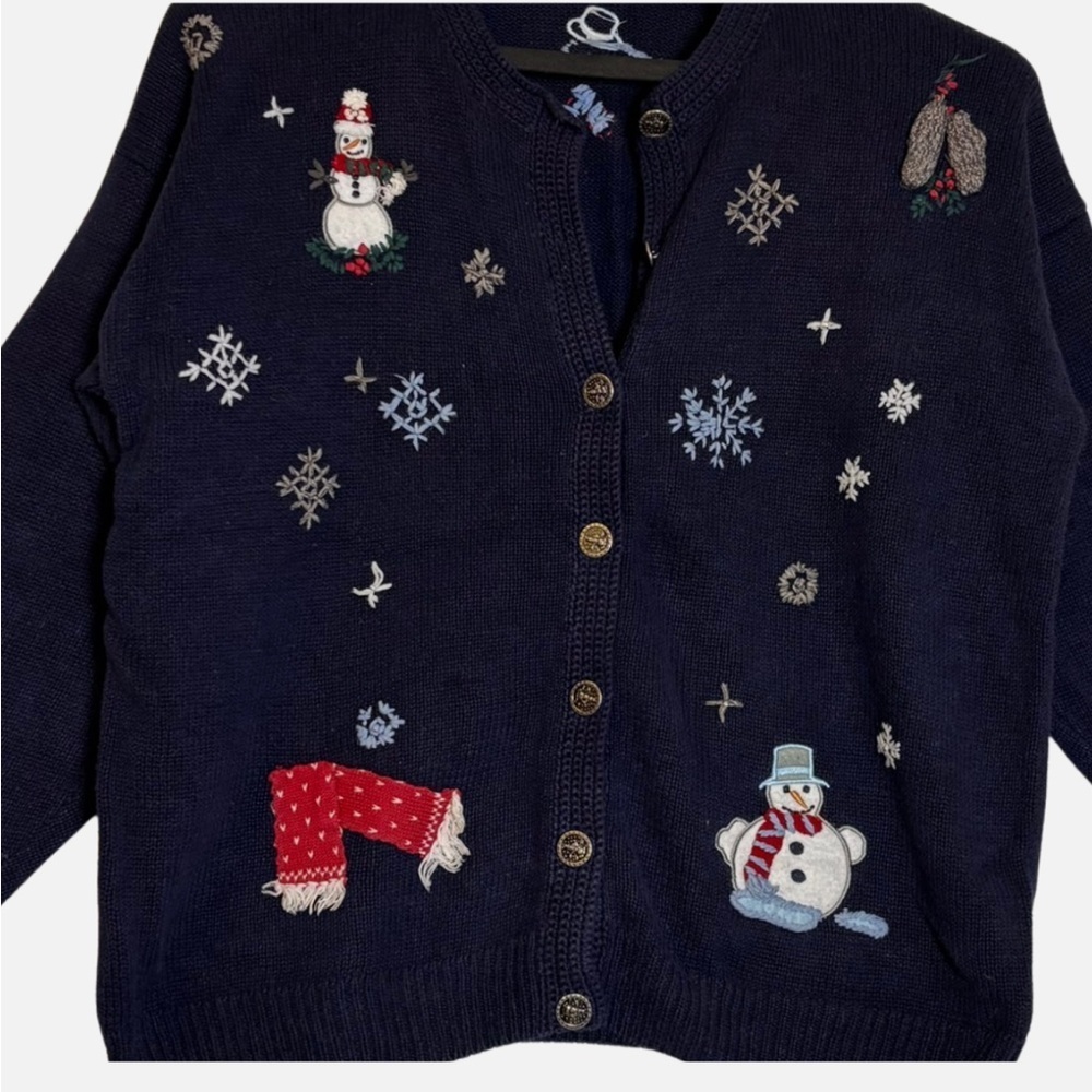 VTG Embroidered Snowman Winter Scene Cardigan Sweater M Winter Snowflakes